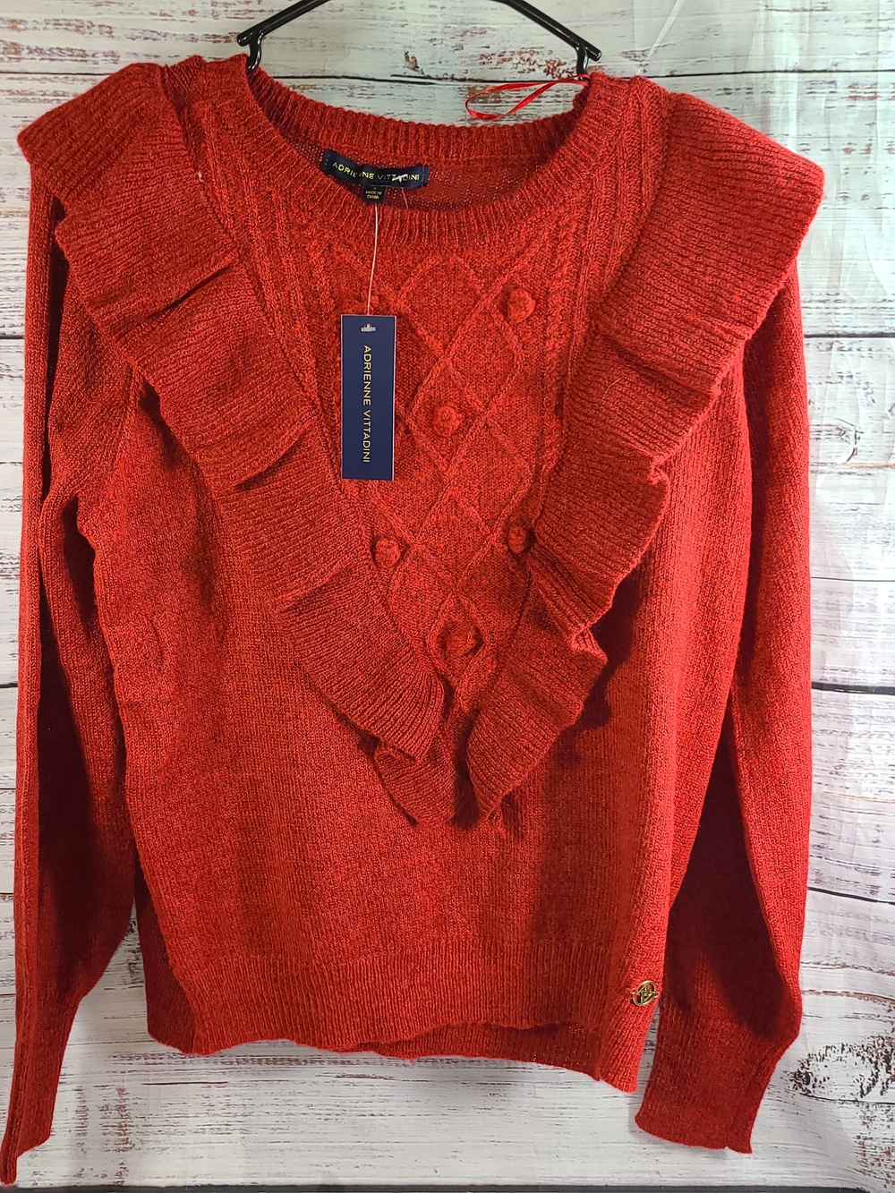 Adrienne Vittadini Ruffle Front Cable Knit Autumn Cozy Sweater Size Small